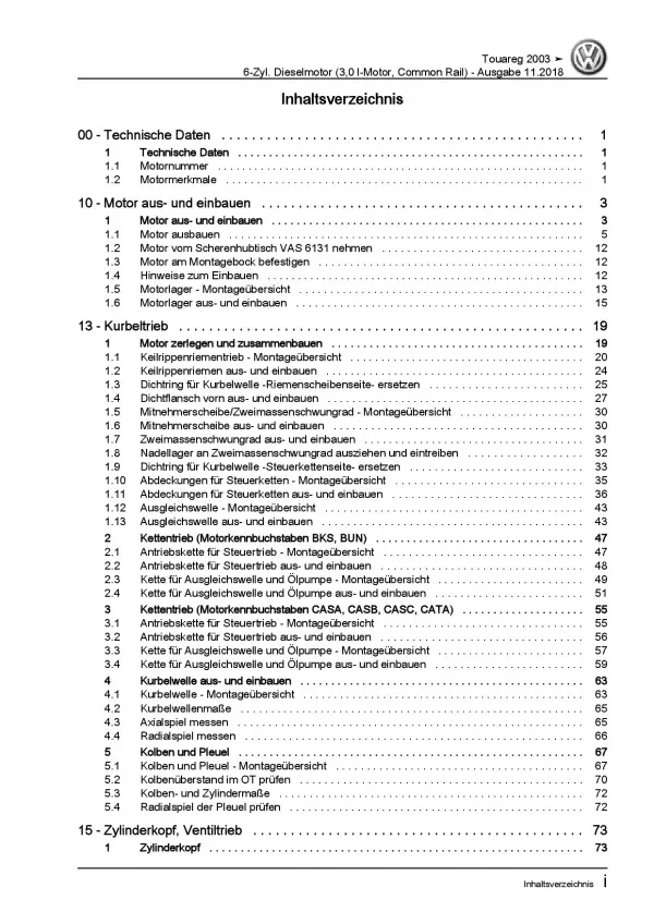 VW Touareg 7L (02-10) 6-Zyl. 3,0l Dieselmotor TDI 211-240 PS Reparaturanleitung