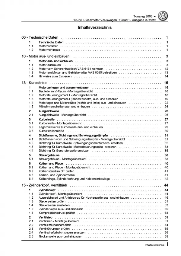 VW Touareg 7L (02-10) 10-Zyl. Dieselmotor 350 PS R-Line Reparaturanleitung PDF