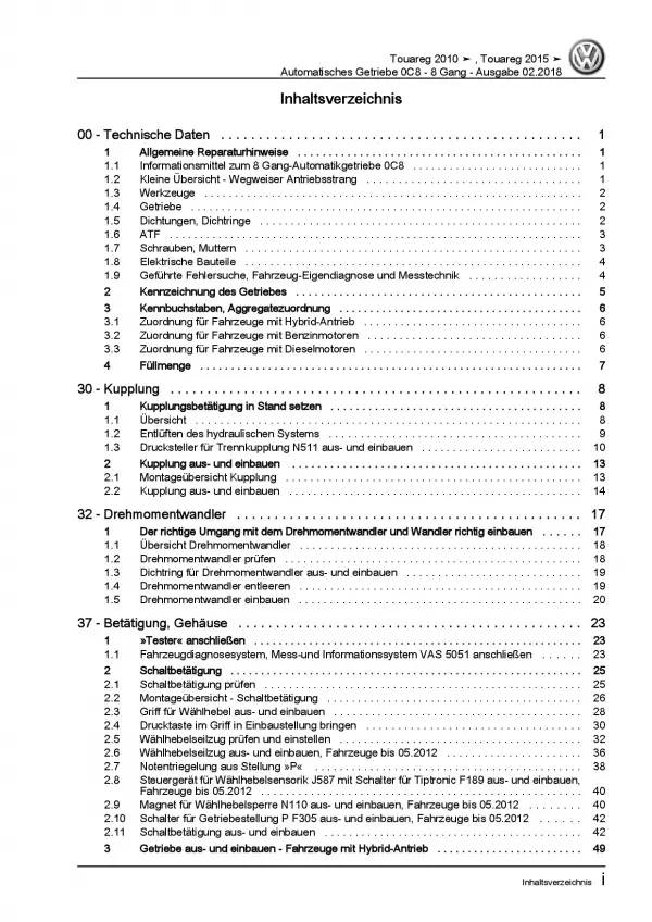 VW Touareg Typ 7P (10-18) 8 Gang Automatikgetriebe 0C8 Reparaturanleitung