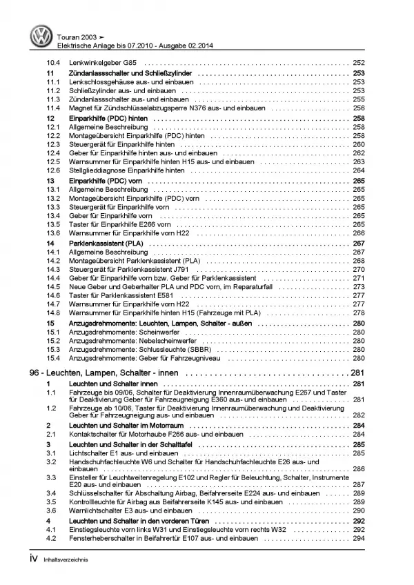 VW Touran 1T 2003-07.2010 Elektrische Anlage Elektrik Systeme Reparaturanleitung