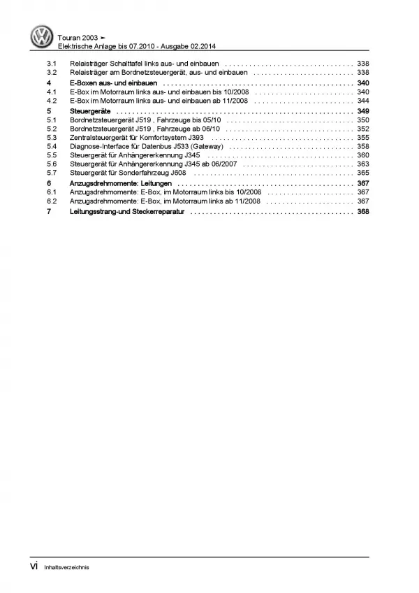 VW Touran 1T (03-10) Elektrische Anlage Elektrik Systeme Reparaturanleitung PDF