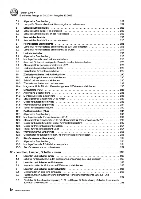 VW Touran 1T 08.2010-2015 Elektrische Anlage Elektrik Systeme Reparaturanleitung