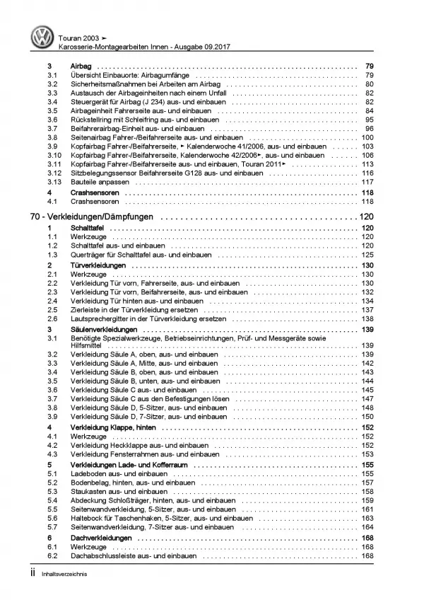 VW Touran Typ 1T (03-15) Karosserie Montagearbeiten Innen Reparaturanleitung PDF