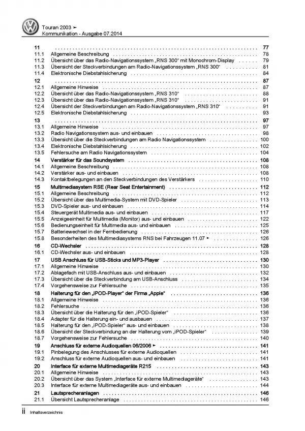 VW Touran Typ 1T 2003-2015 Radio Navigation Kommunikation Reparaturanleitung PDF