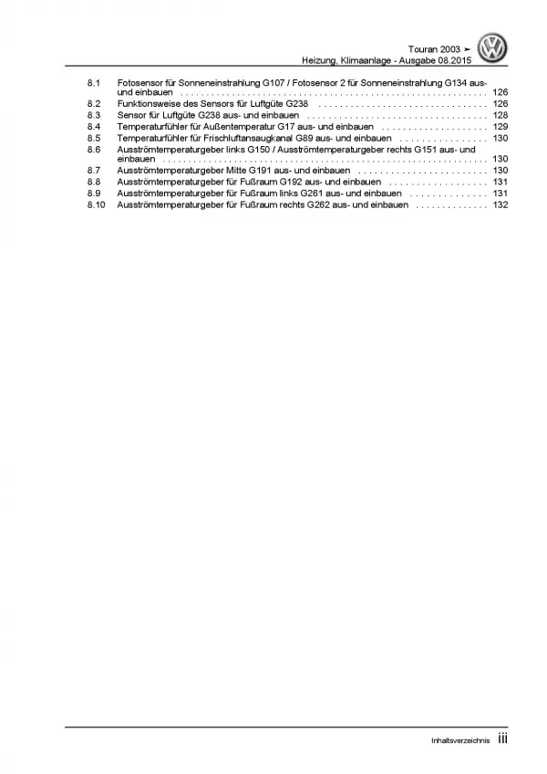 VW Touran Typ 1T 2003-2015 Heizung Belüftung Klimaanlage Reparaturanleitung PDF