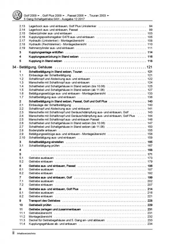 VW Touran Typ 1T 2003-2015 5 Gang Schaltgetriebe 0AH Kupplung Reparaturanleitung