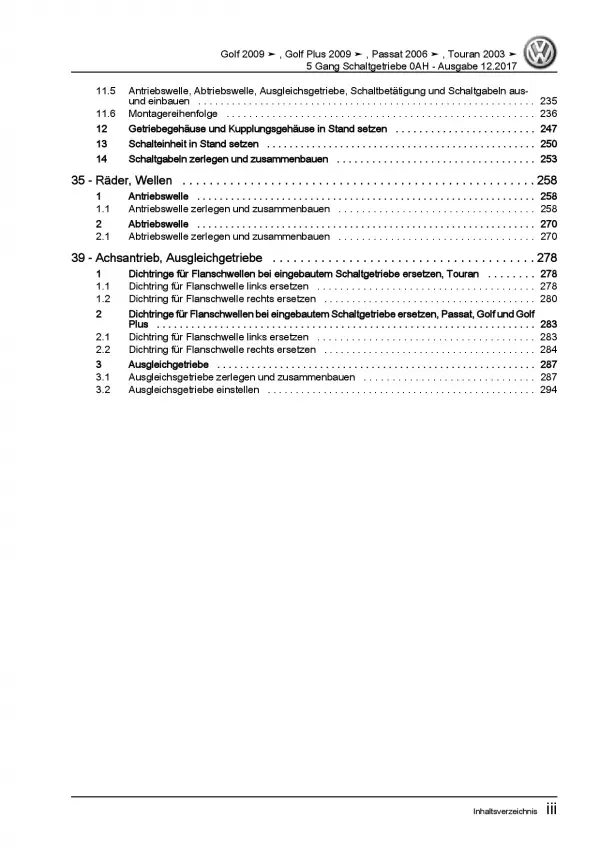 VW Touran 1T 2003-2015 5 Gang Schaltgetriebe 0AH Kupplung Reparaturanleitung PDF