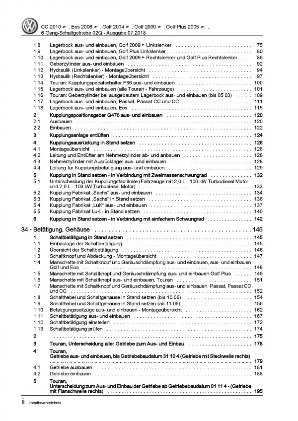 VW Touran 1T 2003-2015 6 Gang Schaltgetriebe 02Q Kupplung Reparaturanleitung PDF