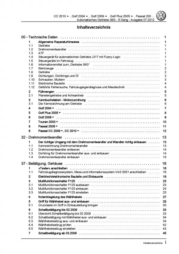 VW Touran Typ 1T 2003-2015 6 Gang Automatikgetriebe 09G Reparaturanleitung PDF