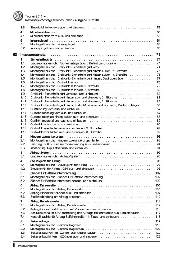 VW Touran Typ 5T ab 2015 Karosserie Montagearbeiten Innen Reparaturanleitung PDF