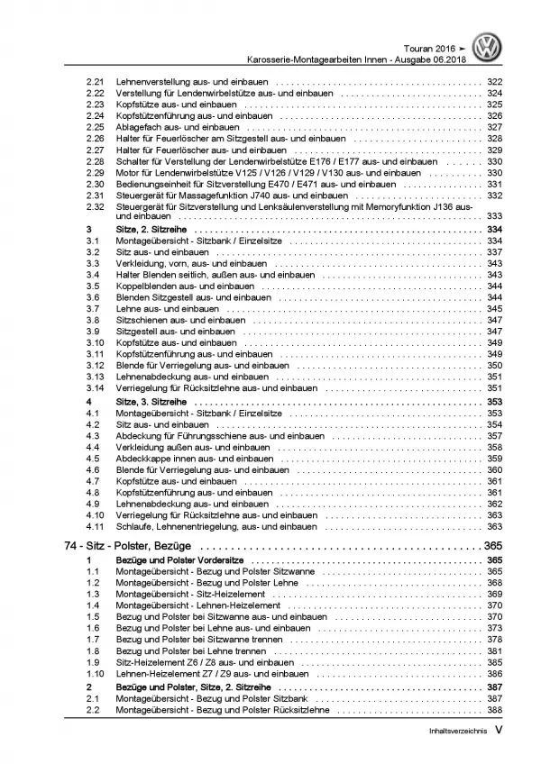 VW Touran Typ 5T ab 2015 Karosserie Montagearbeiten Innen Reparaturanleitung PDF