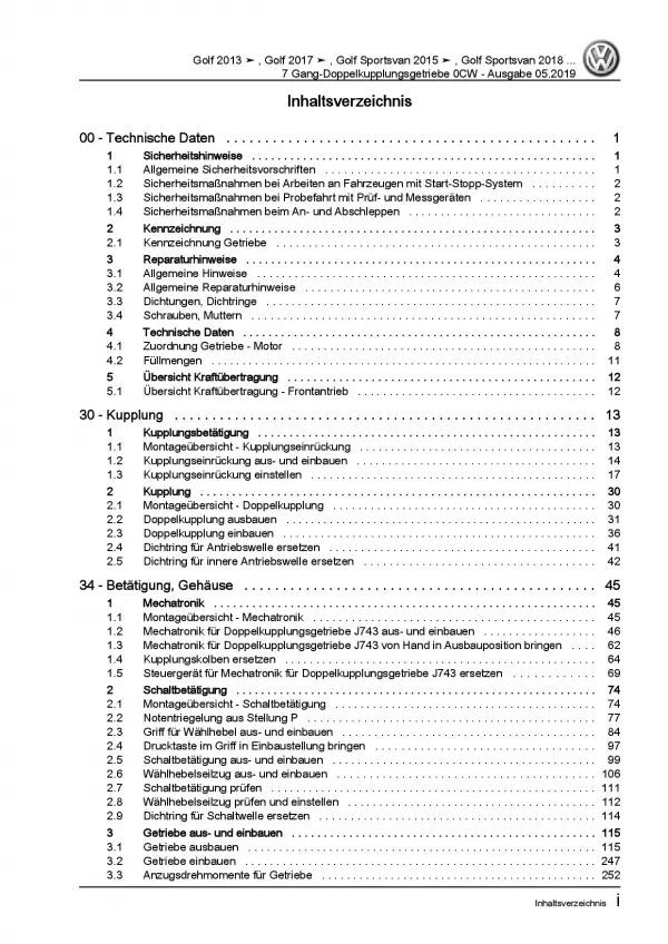 VW Touran 5T ab 2015 7 Gang Automatikgetriebe DSG DKG 0CW Reparaturanleitung PDF