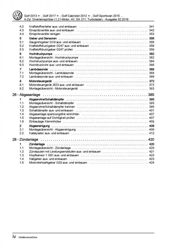 VW Touran Typ 5T ab 2015 4-Zyl. 1,2l Benzinmotor 85-110 PS Reparaturanleitung