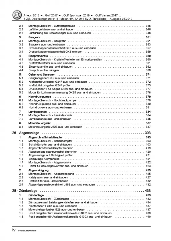 VW Touran Typ 5T ab 2015 4-Zyl. 1,5l Benzinmotor 130-150 PS Reparaturanleitung