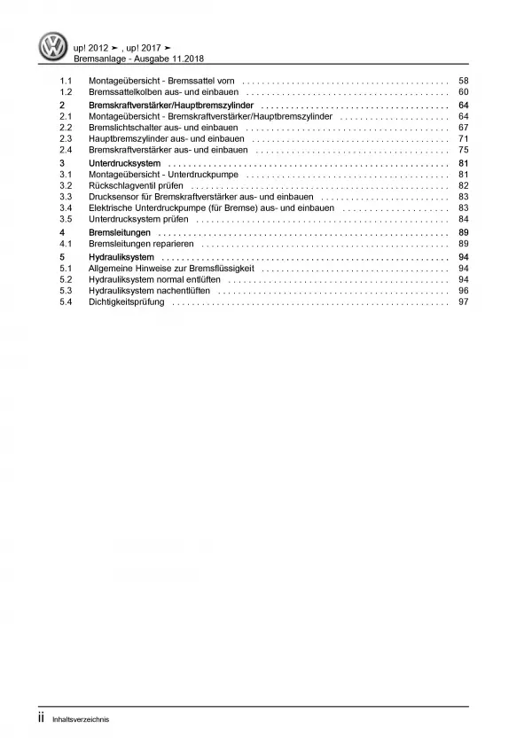 VW Up! Typ 121 2011-2016 Bremsanlagen Bremsen System Reparaturanleitung