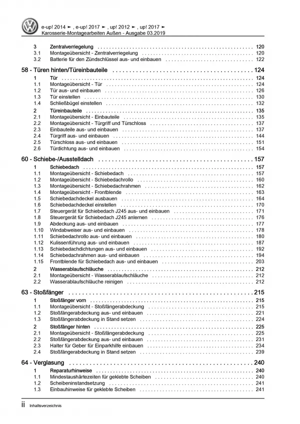 VW Up! Typ 121 2011-2016 Karosserie Montagearbeiten Außen Reparaturanleitung PDF
