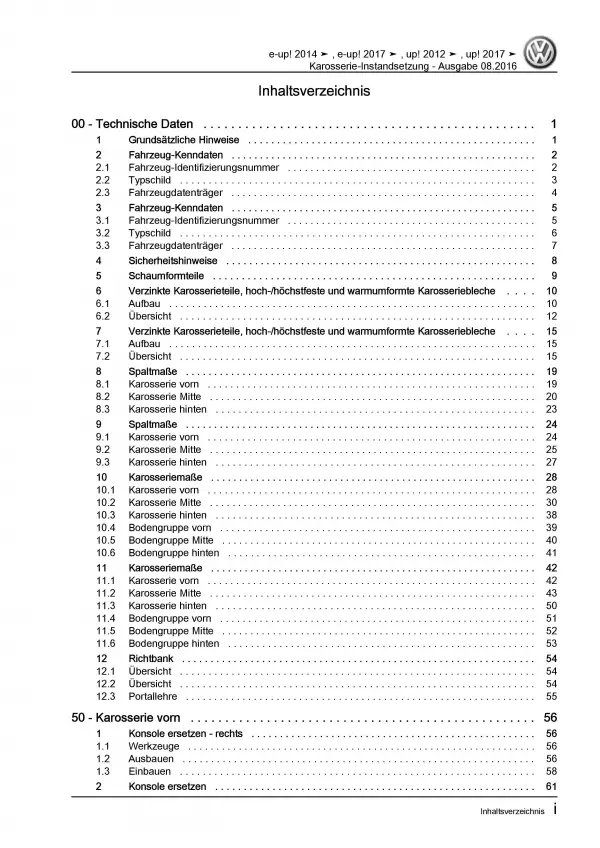 VW Up! Typ 121 2011-2016 Karosserie Unfall Instandsetzung Reparaturanleitung PDF