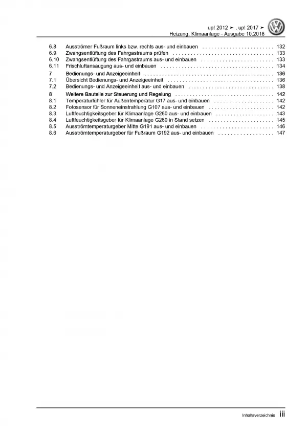 VW Up! Typ 121 2011-2016 Heizung Belüftung Klimaanlage Reparaturanleitung PDF