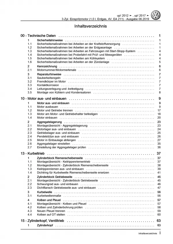 VW Up! 121 2011-2016 3-Zyl. 1,0l Erdgas Benzinmotor 68 PS Reparaturanleitung PDF