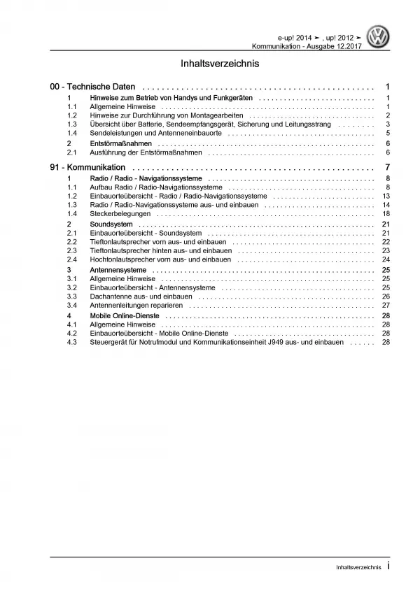 VW Up! Typ 121 2011-2016 Radio Navigation Kommunikation Reparaturanleitung PDF