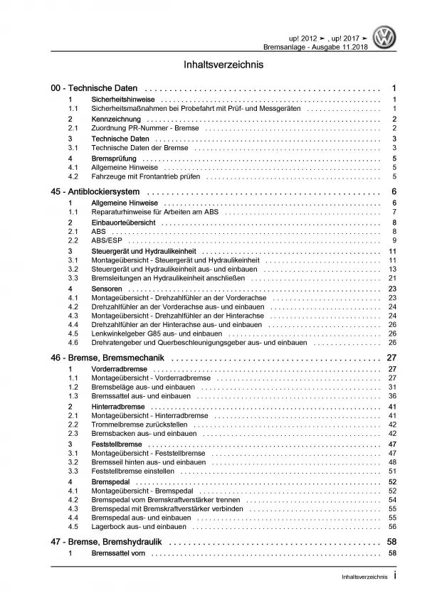 VW Up! Typ AA ab 2016 Bremsanlagen Bremsen System Reparaturanleitung PDF