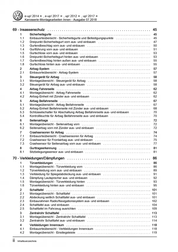 VW Up! Typ AA ab 2016 Karosserie Montagearbeiten Innen Reparaturanleitung PDF