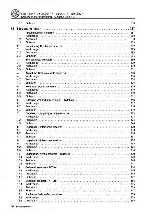 VW Up! Typ AA ab 2016 Karosserie Unfall Instandsetzung Reparaturanleitung PDF