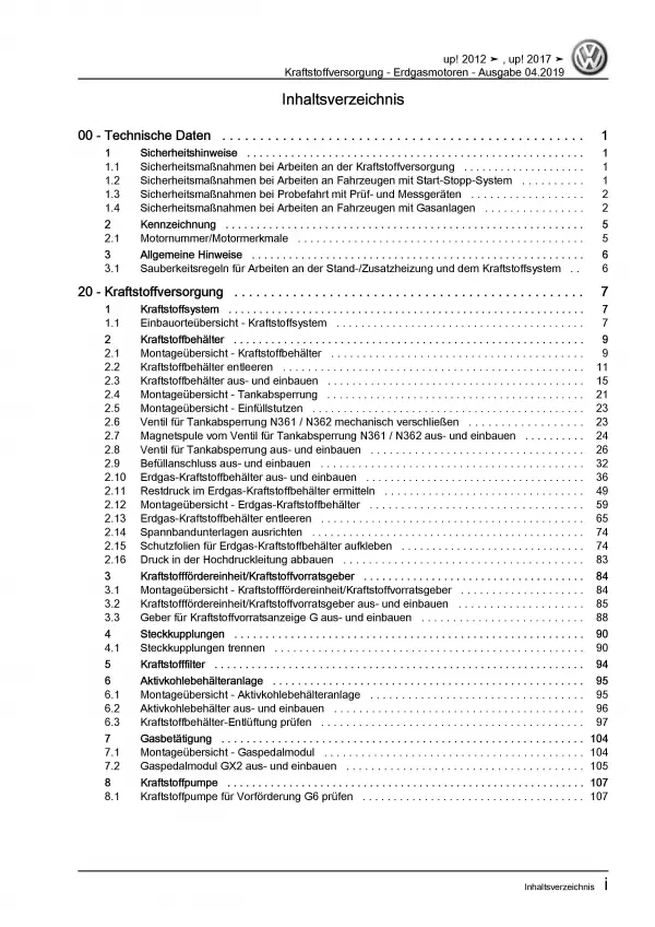 VW Up! Typ AA ab 2016 Kraftstoffversorgung Erdgasmotoren Reparaturanleitung PDF