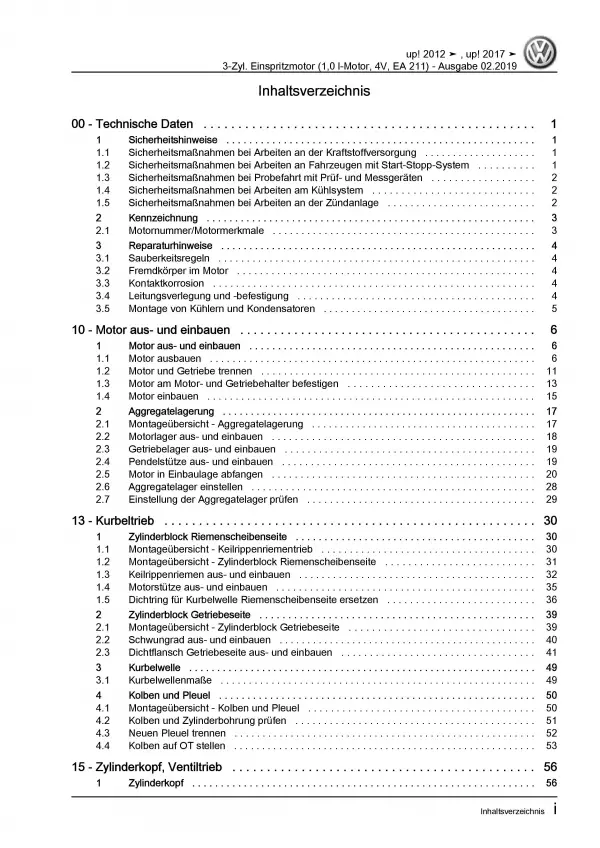 VW Up! Typ AA ab 2016 3-Zyl. 1,0l Benzinmotor 60-75 PS Reparaturanleitung PDF