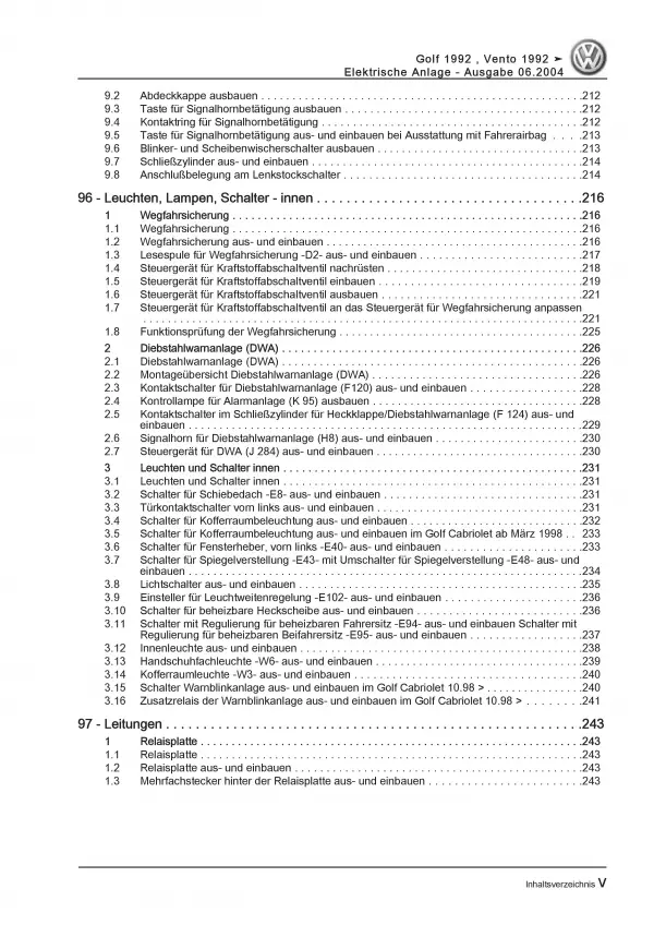 VW Vento Typ 1H 1991-1998 Elektrische Anlage Elektrik Systeme Reparaturanleitung