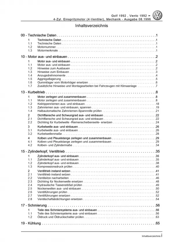 VW Vento Typ 1H (91-98) 2,0l Benzinmotor 150 PS Mechanik Reparaturanleitung PDF