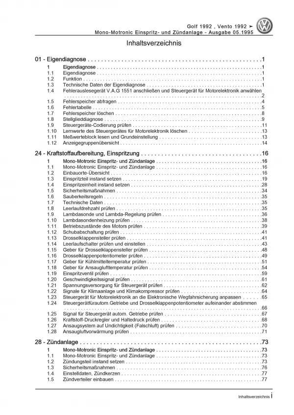 VW Vento 1H (92-98) Mono-Motronic Einspritz- Zündanlage Reparaturanleitung PDF