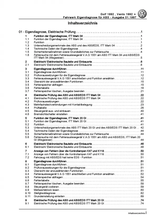 VW Vento Typ 1H 1991-1998 Eigendiagnose Fahrwerk für ABS Reparaturanleitung PDF