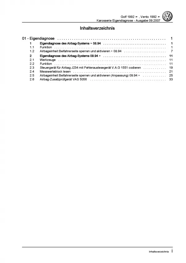 VW Vento Typ 1H 1991-1998 Eigendiagnose Karosserie Reparaturanleitung