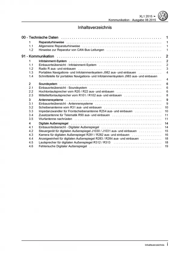 VW XL1 Typ 6Z 2012-2016 Radio Navigation Kommunikation Reparaturanleitung PDF