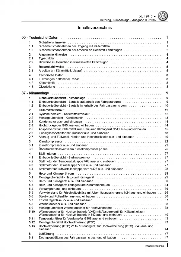 VW XL1 Typ 6Z 2012-2016 Heizung Belüftung Klimaanlage Reparaturanleitung PDF