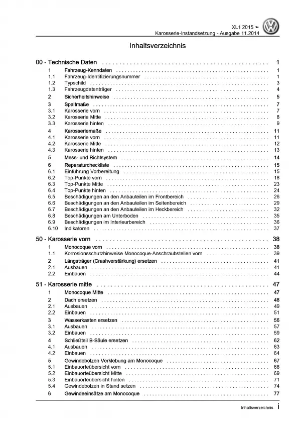 VW XL1 Typ 6Z 2012-2016 Karosserie Unfall Instandsetzung Reparaturanleitung PDF