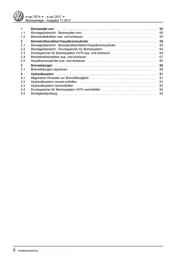 VW e-Up! Typ BL2 ab 2016 Bremsanlagen Bremsen System Reparaturanleitung