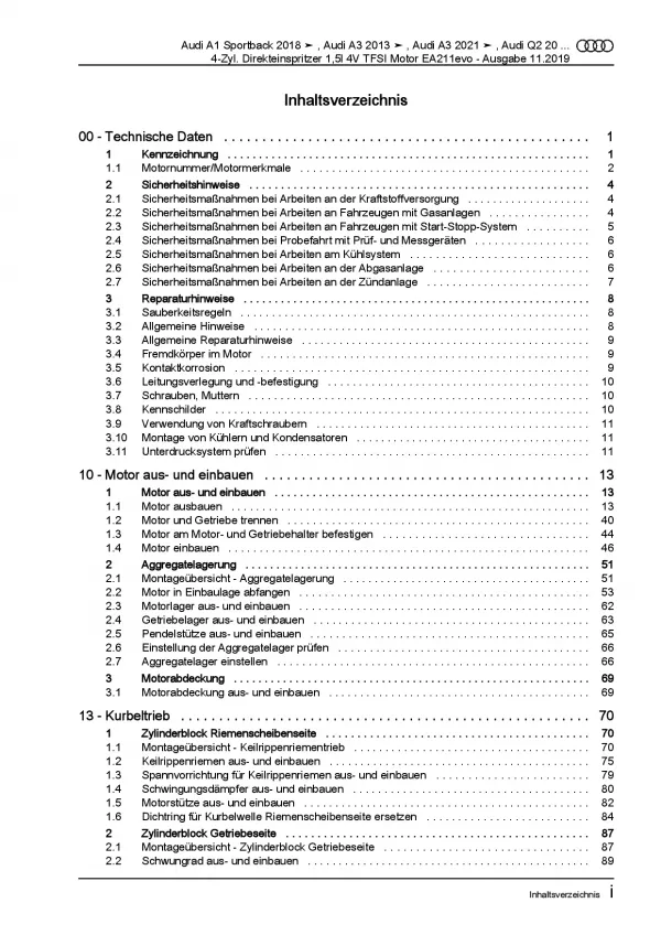 Audi A3 Typ 8V 2012-2020 4-Zyl. 1,5l Benzinmotor Reparaturanleitung PDF