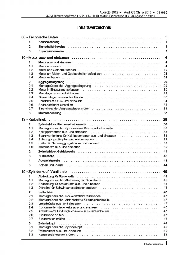 Audi Q3 Typ 8U 2011-2018 4-Zyl. Benzinmotor 180-220 PS Reparaturanleitung PDF