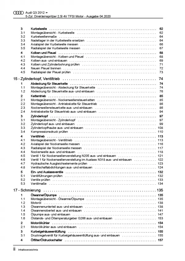 Audi Q3 8U 2011-2018 5-Zyl. 2,5l Benzinmotor 310-367 PS Reparaturanleitung PDF