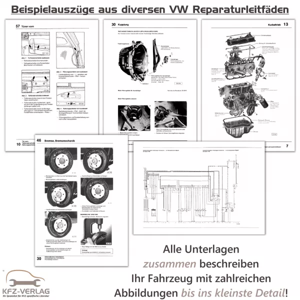 Originale Reparaturleitfäden vom KFZ-VERLAG zeigen Ihnen wirklich alle Details die Sie zur erfolgreichen und fachgerechten Reparatur Ihres Fahrzeugs benötigen. Nur mit diesen Unterlagen ist es möglich Werkstattkosten zu sparen, ohne weiteren Schaden am Fahrzeug anzurichten. Alle Vorgänge werden Schritt-für-Schritt mit unzähligen grafischen Darstellungen erläutert, weswegen diese Unterlagen zwar in jeder Volkswagen Vertragswerkstatt genutzt werden aber dennoch auch für Anfänger und Hobbyschrauber geeignet sind. Unsere Anleitungen werden aufgrund des Umfangs in diverse Fahrzeugabschnitte unterteilt: Instandhaltung genau genommen, Bremsanlagen, Heizung & Klimaanlage, Karosserie-Montagearbeiten Innen & Außen, Karosserie-Instandsetzung, Kommunikation, Elektrische Systeme, Schaltpläne, Fahrwerk, Getriebe, Motor, und vieles mehr. Dies hat für Sie den großen Vorteil, dass Sie immer genau das bestellen können, was Sie auch gerade benötigen.