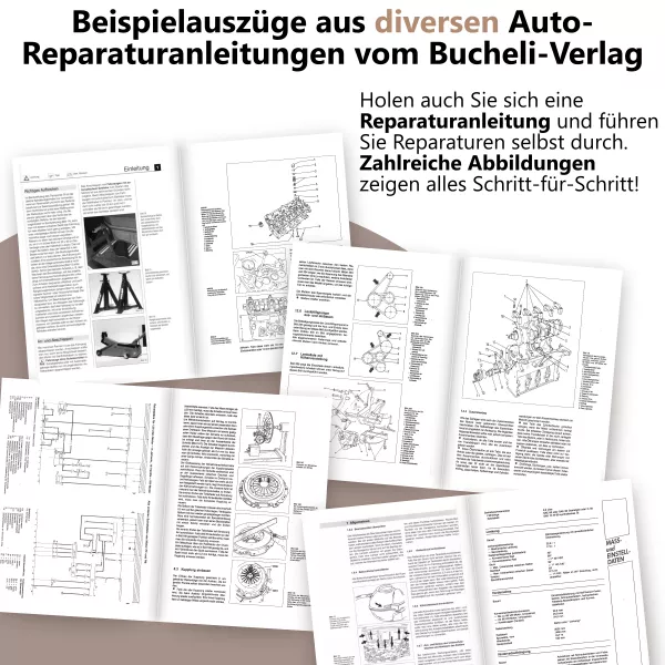Hier sind exemplarische Auszüge aus verschiedenen Auto-Reparaturanleitungen des Bucheli Verlags.