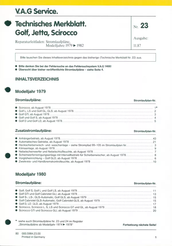 VW Golf 1 17 1979-1982 Schaltplan Stromlaufplan Verkabelung Elektrik Pläne PDF