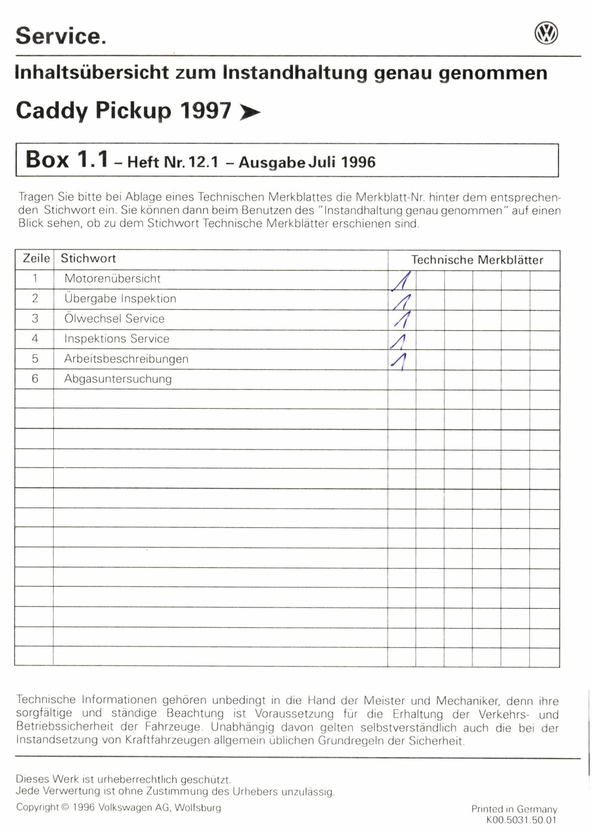 VW Caddy Pickup 9U (96-00) Instandhaltung Inspektion Wartung Reparaturanleitung