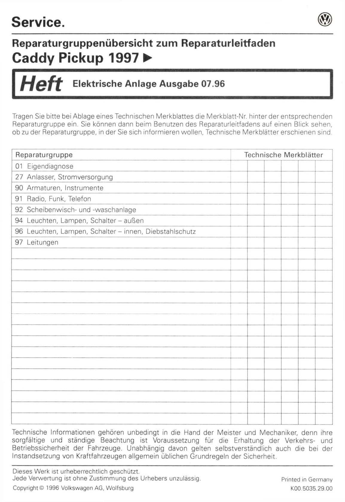 VW Caddy Pickup Typ 9U 1996-2000 Elektrische Anlage Elektrik Reparaturanleitung