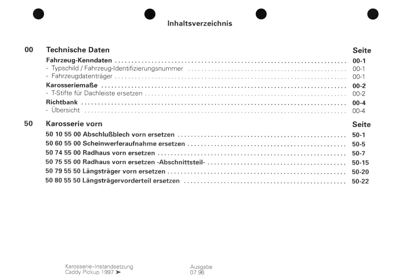 VW Caddy Pickup Typ 9U 1996-2000 Karosserie Instandsetzung Reparaturanleitung