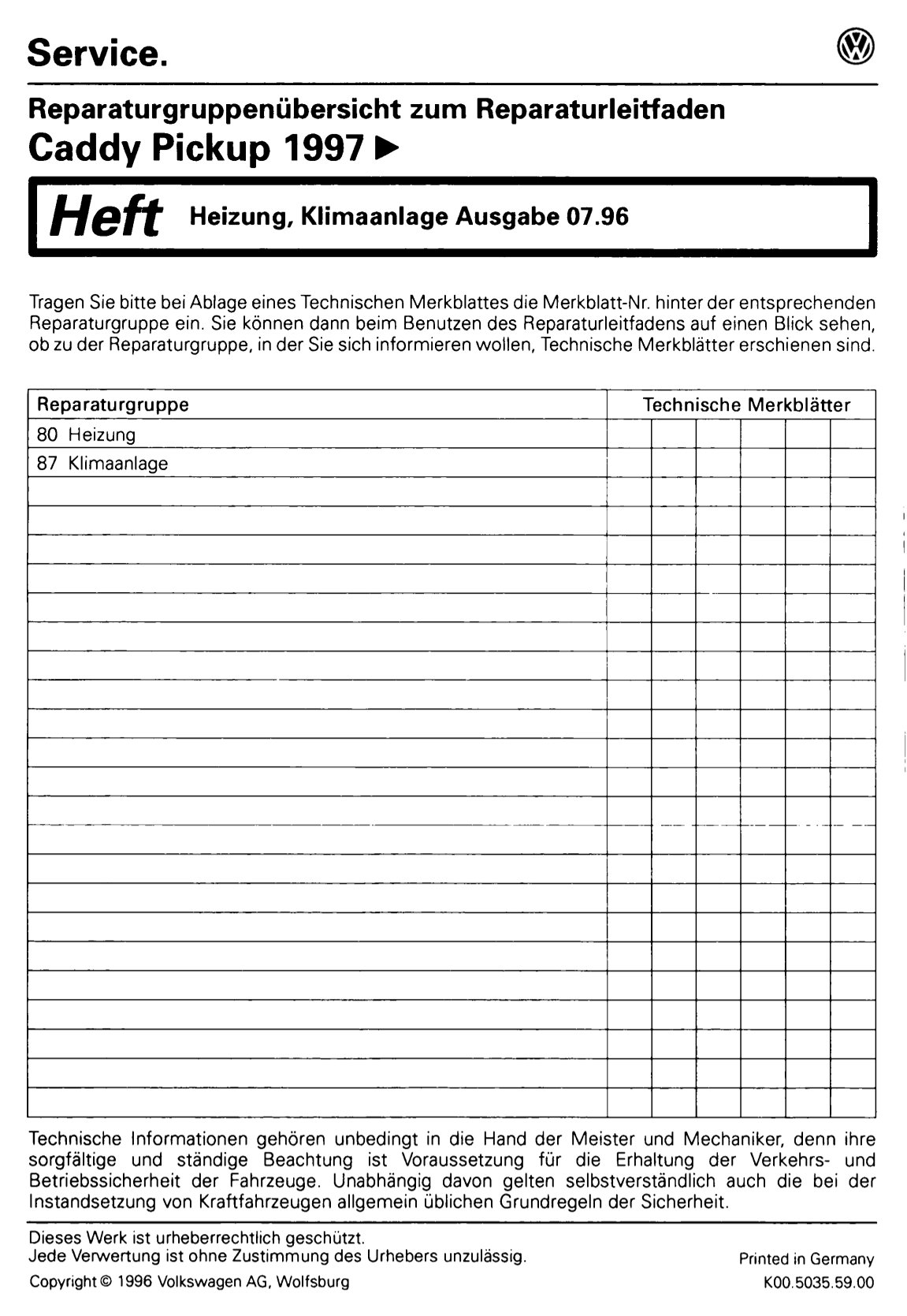 VW Caddy Pickup Typ 9U 1996-2000 Heizung Lüftung Klimaanlage Reparaturanleitung