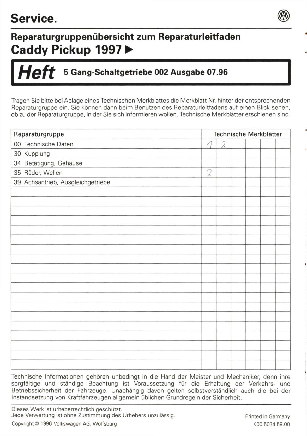 VW Caddy Pickup Typ 9U 1996-2000 5 Gang Schaltgetriebe 002 Reparaturanleitung