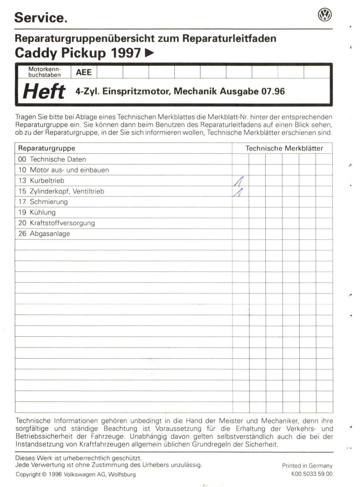 VW Caddy Pickup Typ 9U 1996-2000 Benzinmotor Mechanik 75 PS Reparaturanleitung